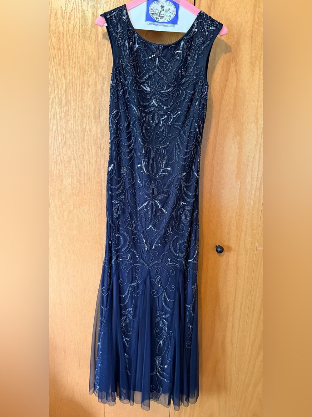 Adrianna Papell Navy Beaded Maxi Evening Gown